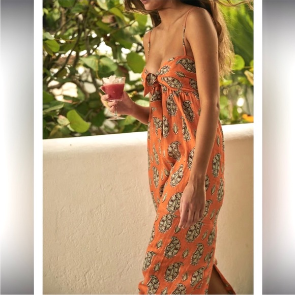 SOLD Johanna Ortiz Charisma of the Tropics Maxi Dress 100% linen orange 0 NWT - Picture 16 of 16